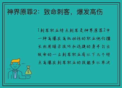 神界原罪2：致命刺客，爆发高伤